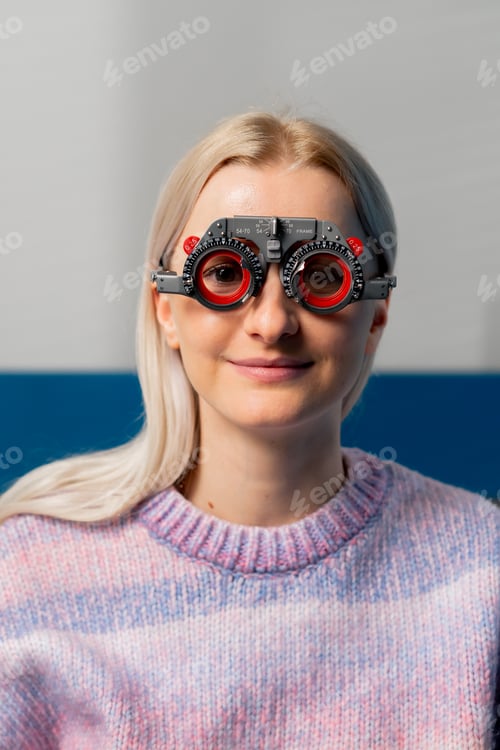 Preview: ophthalmology clinic of a smiling young blonde girl wearing glasses for selecting lenses
