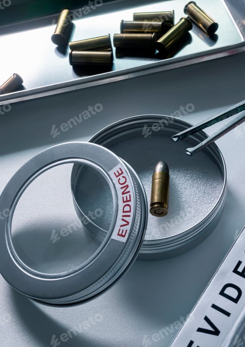 Preview: Bullet cap next to a test bag in ballistic Laboratory, conceptual image
