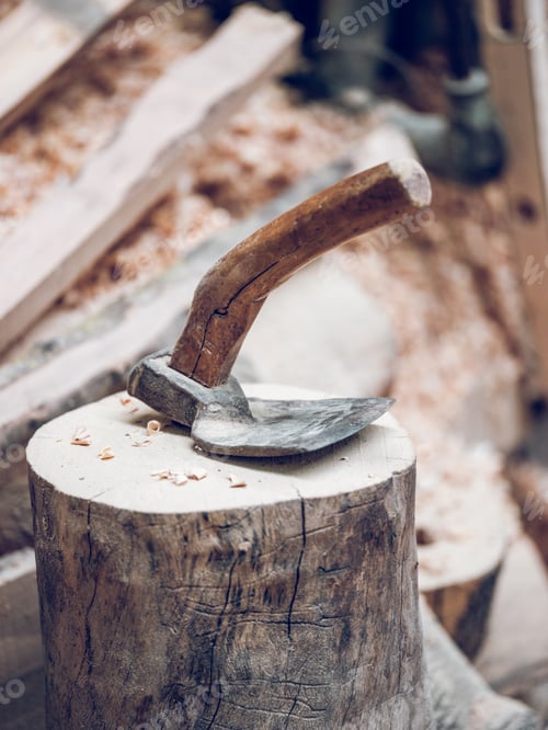 Preview: Adze on stump in countryside