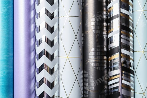 Preview: Rolls of festive wrapping paper as background, top view. Gift box packaging ideas