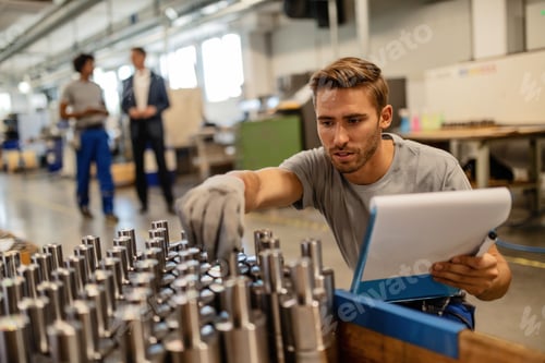 Preview: Manual worker inspecting manufactured steel parts in industrial building.