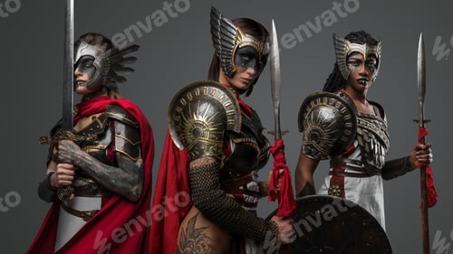 Preview: Tattooed female warriors with cold steel against grey background