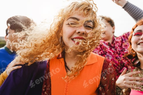 Preview: Happy young people dancing outdoor at festival event - Party and entertainment concept