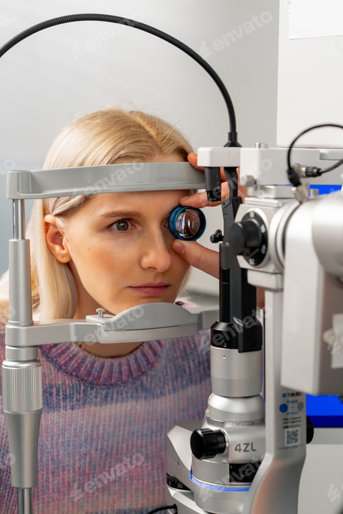 Preview: an ophthalmology clinic a young doctor diagnoses the eyes of a young girl with a magnifying lens