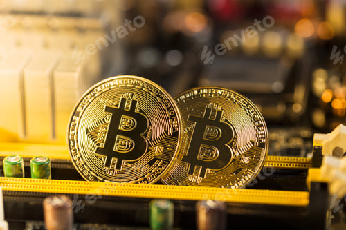 Preview: Golden bitcoins. Cryptocurrency.