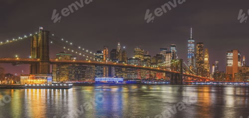 Preview: Panorama scene of New york Cityscape with Brooklyn Bridge over the east river