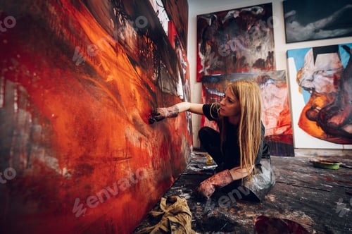 Preview: Female painter artist painting and creating her art in a creative studio