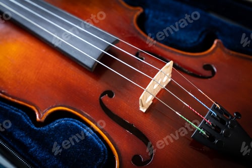 Preview: A close up of a syphony violin set against a black background