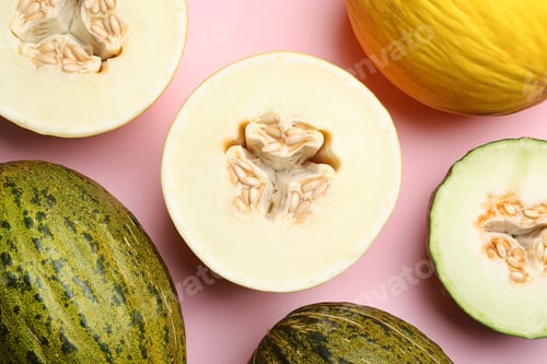 Preview: Flat lay composition with tasty melon on pink background