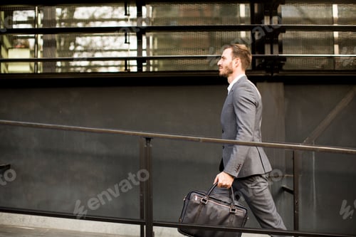 Preview: Businessman in suit with leather handbag goes to work