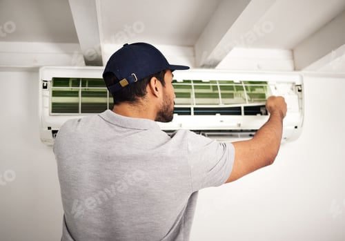 Preview: Maintenance service, air conditioner technician and man, working on ventilation filter or ac repair