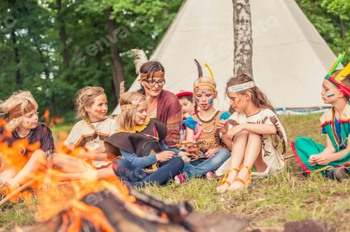 Preview: Germany, Saxony, Indians and cowboy party, Children sitting at bonfire