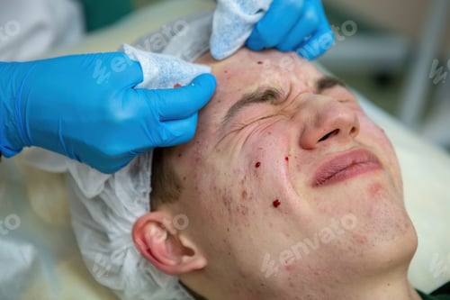 Preview: A young Caucasian teenage boy has a cosmetologist cleaning his face. A dermatologist treats acne on