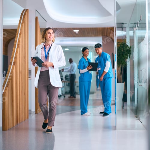 Preview: Female Doctor In White Coat With Digital Tablet In Hospital With Colleagues In Background