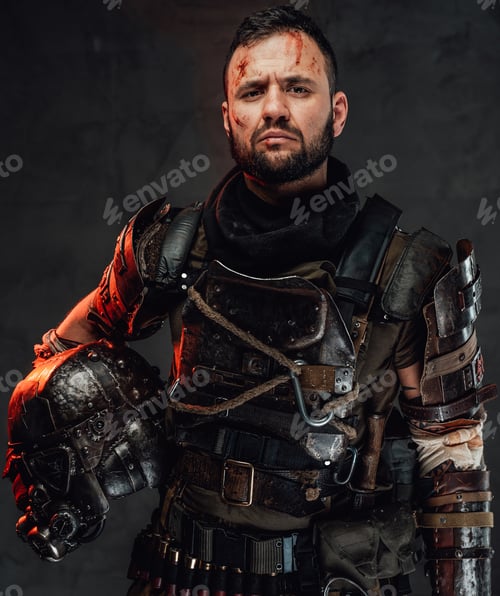 Preview: Serious and also brutal apocalyptic soldier in armour holding helmet