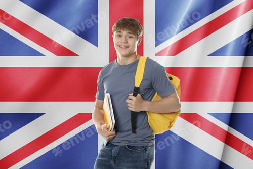 Preview: Student with notebooks and backpack against flag of United Kingdom. Language school