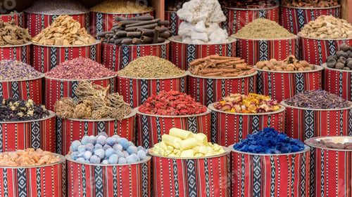 Preview: Traditional Arabic spices and herbs in colorful decorative containers