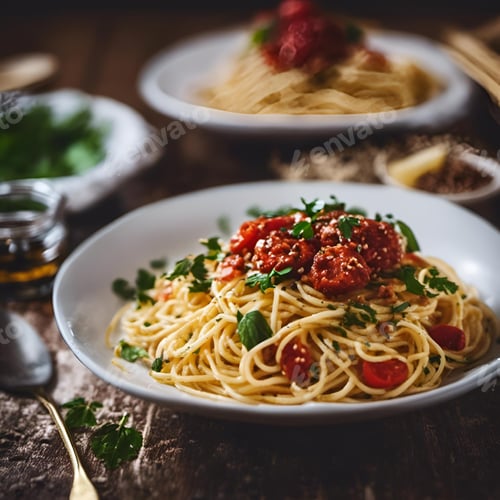 Preview: Plate of freshly cooked pasta topped with delicious tomato sauce, resting on a wooden table