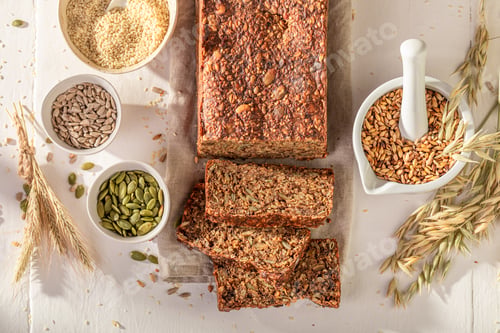 Preview: Multigrain loaf of wholemeal bread baked with homemade flour.