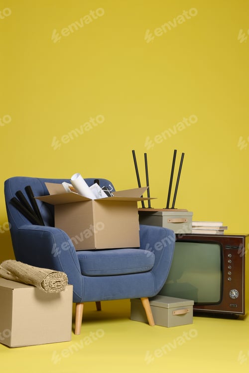 Preview: Garage sale. Different used stuff on yellow background