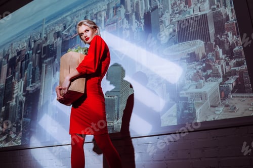Preview: low angle view of attractive and stylish woman in red dress holding paper bag with food on city