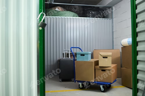Preview: Stacked Cardboard Boxes on Trolley Standing Inside Self Storage Unit