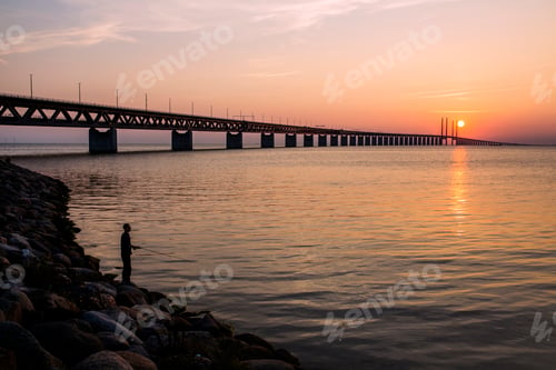 Preview: Silhouette of man fishing at sunset by Oresundsbron bridge