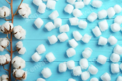 Preview: Flat lay composition with cotton balls and flowers on blue wooden background