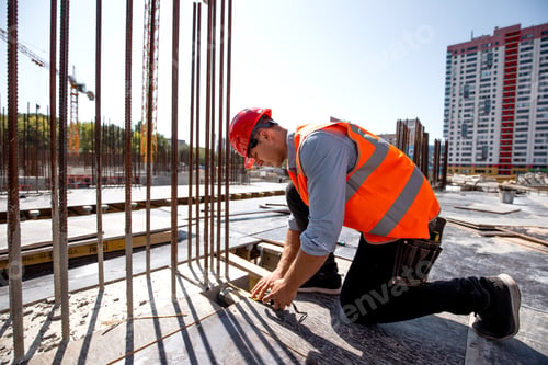 Preview: Civil engineer dressed in shirt, orange work vest and helmet measures the hole with a tape measure