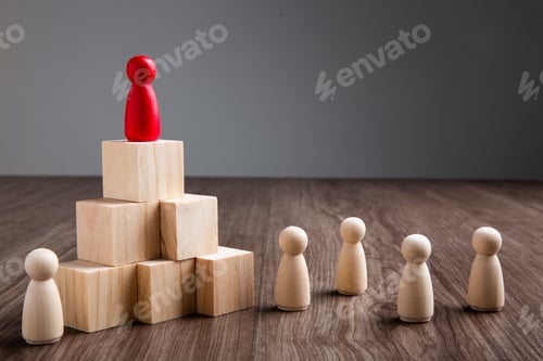 Preview: Wooden people figures on wooden background. Career growth, development and leadership
