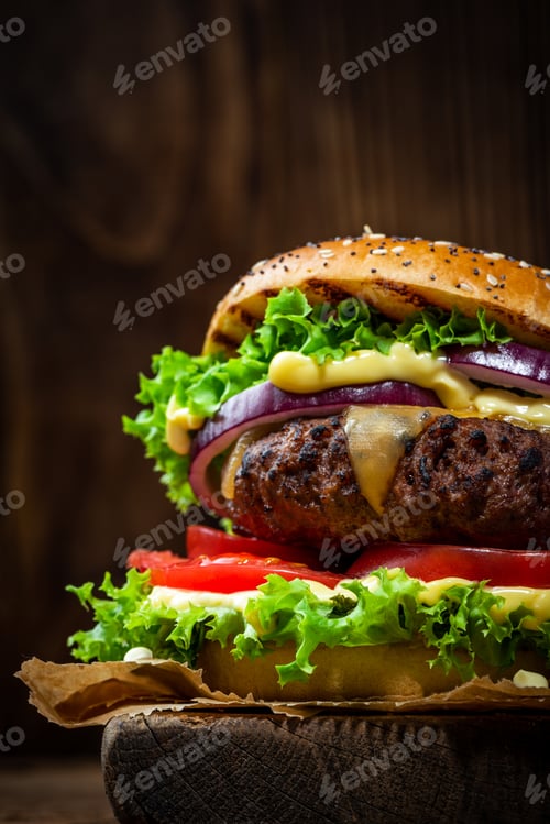 Preview: Burger Close Up View on Wooden Background
