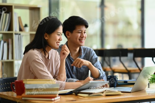 Preview: Cheerful male and female students brainstorming on common studying project in library