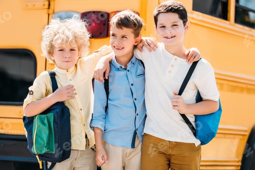 Preview: adorable little schoolboys embracing in front of school bus