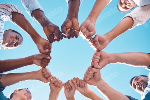 Preview: Fist bump, teamwork and business people in a team building meeting for collaboration, motivation an