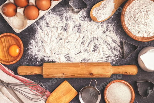 Preview: Ingredients for baking - flour, wooden spoon, rolling pin, eggs