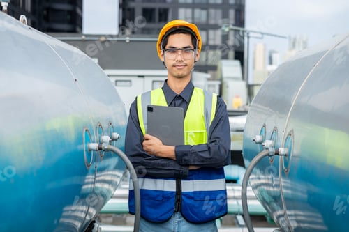 Preview: Engineer checks valves, water tanks, pumps and equipment related to hot water production pipe