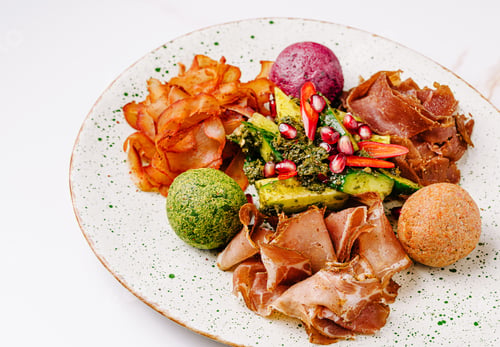 Preview: Colorful gourmet platter with unique ingredients and fresh vegetables