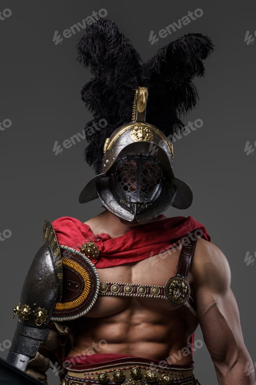 Preview: Muscular colosseum fighter with naked torso and plumed helmet