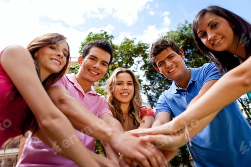 Preview: Happy Team Of People With Hands Together Outdoors