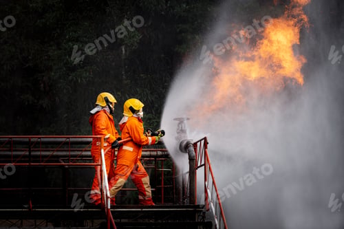 Preview: Firefighters safety using twirl water fog type fire extinguisher to fighting with fire from oil and