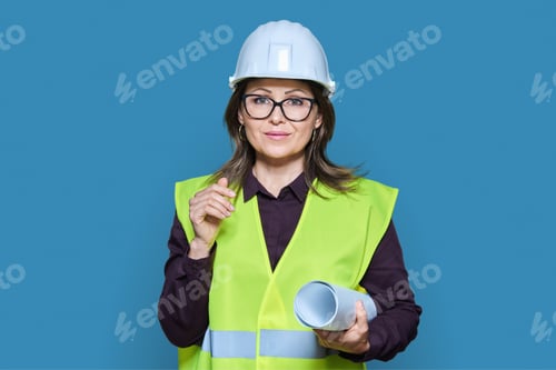 Preview: Woman engineer architect in helmet protective vest on white background