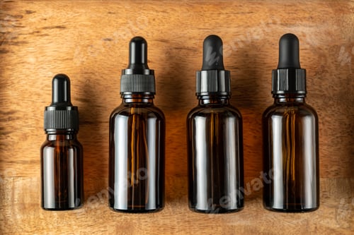 Preview: Serum bottles on wooden background. Sustainable lifestyle concept, natural cosmetics. Unbranded Cosm