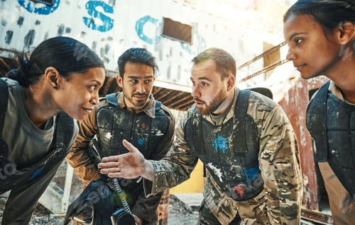 Preview: Paintball game, group strategy and team planning, discussion or battlefield conversation about mili