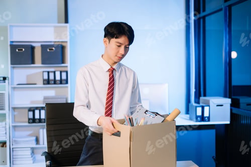 Preview: young Asian man office worker celebrating her resignation, carrying her personal stuff.