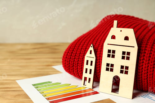 Preview: Concept of heating season with red sweater on wooden table