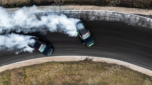 Preview: Aerial view high speed drift battle car, Two drift cars drifting battle on race track.