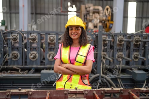 Preview: Portrait of female automation engineer standing in modern industrial.