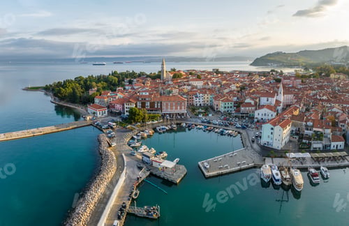 Preview: Aerial panoramic view of picturesque Izola town in Slovenia