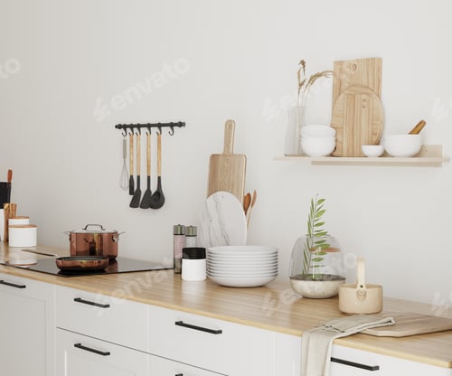 Preview: Interior of light modern kitchen with wooden counter and shelves with kitchen utensils, 3d render