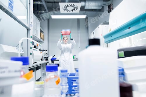 Preview: Young female scientist working at biological laboratory inspecting samples
